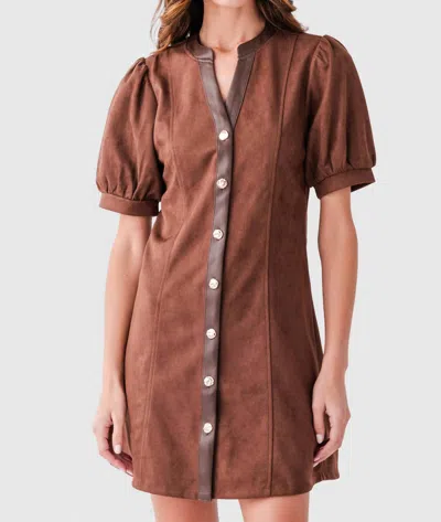 Thml Puff Sleeve V Neck Button Up Suede Dress In Brown