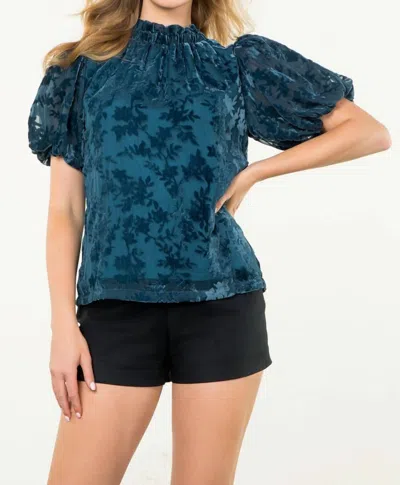 Thml Puff Sleeve Velvet Detail Top In Teal In Blue