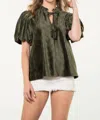 Thml Puff Sleeve Velvet Top In Olive Green In Green
