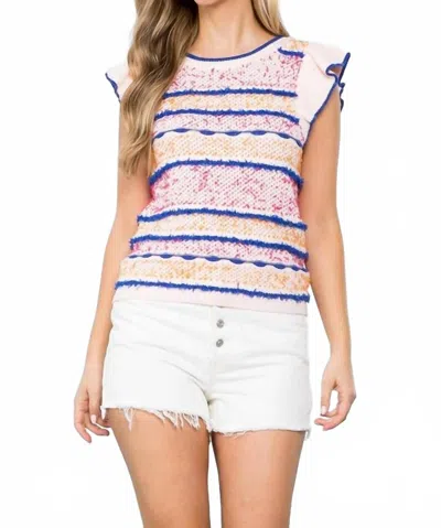 Thml Ribbed Fringe Ruffle Sleeve Top In Pink In White