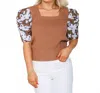 Thml Ruched Print Sleeve Knit Top In Brown In Brown