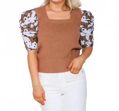 Thml Ruched Print Sleeve Knit Top In Brown