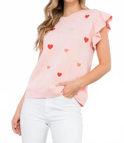 Thml Ruffle Sleeve Embroidered Hearts Top In Pink