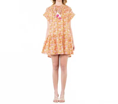 Thml Ruffle Sleeve Floral Dress In Moss Pink In Orange