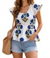 Thml Ruffle Sleeve Floral Pattern Top In White In White