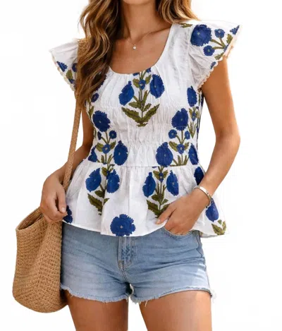 Thml Ruffle Sleeve Floral Pattern Top In White