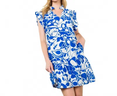 Thml Ruffle Sleeve Print Dress In Blue In Multi