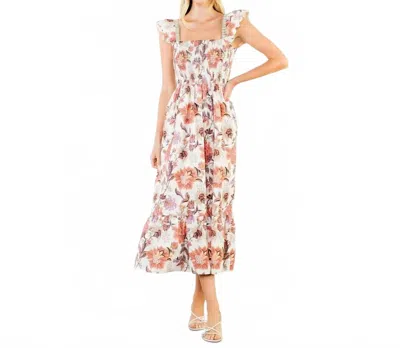 Thml Ruffled Sleeve Floral Midi Dress In Cream/pink In Multi