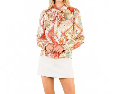 Thml Satin Abstract Top With Tie Neck In Red In Multi