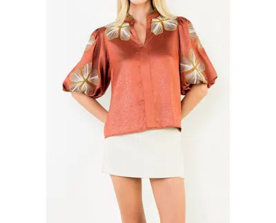 Thml Shiny High Neck Floral Embroidery Top In Rust In Orange