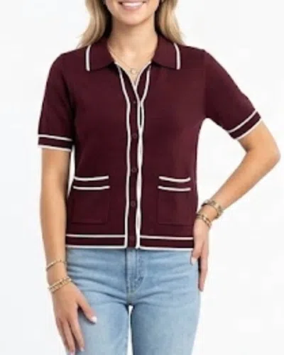 Thml Short Sleeve Button Up Sweater In Burgundy In White
