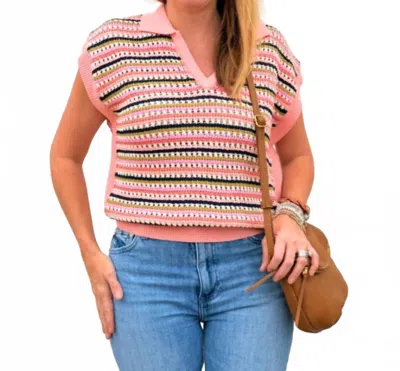 Thml Short Sleeve Collared Striped Knit Top In Pink