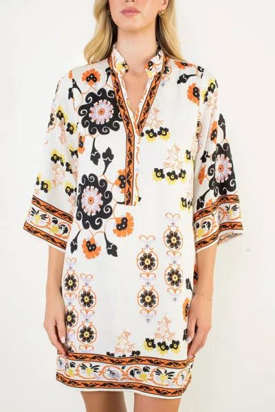 Thml Floral Border Print Split Neck Tunic Dress In White In Multi