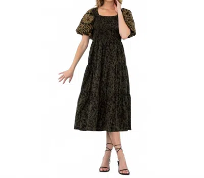 Thml Short Sleeve Embroidered Puff Sleeve Animal Print Dress In Olive Green In Black