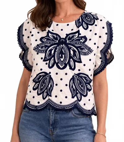 Thml Short Sleeve Embroidery Detail Top In Blue/ Ivory In White
