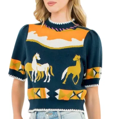 Thml Short Sleeve Horse Detail Top In Navy In Blue