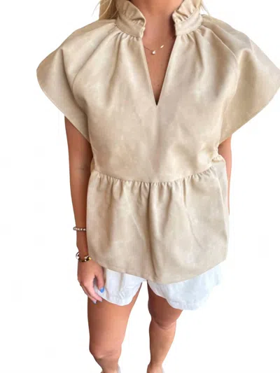 Thml Short Sleeve Leather V Neck Top In Beige In Multi