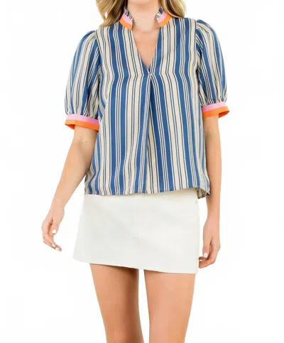 Thml Short Sleeve Striped V-neck Top In Blue Ivory
