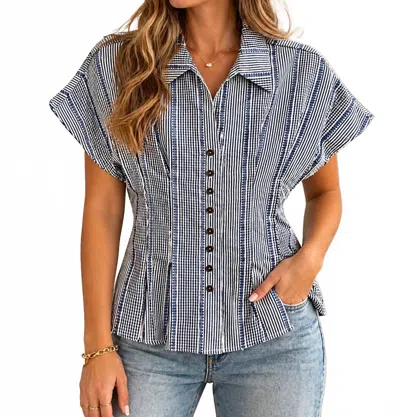Thml Short Sleeve Stripes Gingham Button Up Top In Blue In Gray
