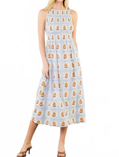 Thml Sleeveless Smocked Pattern Midi Dress In Blue