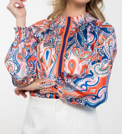 Thml Smock Neck Long Sleeve Paisley Print Top In Blue Multi