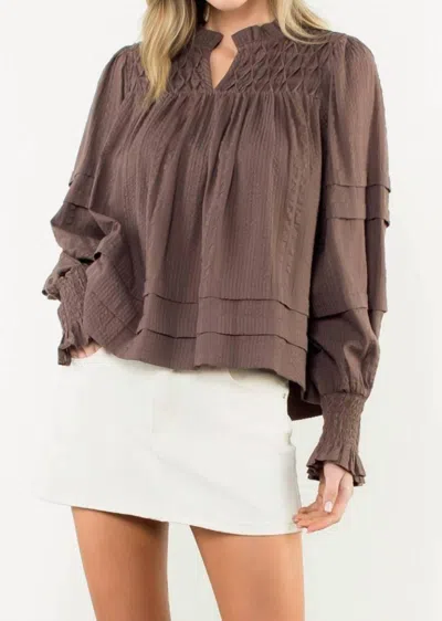 Thml Smocked Cuff Textured Long Sleeve Blouse In Brown