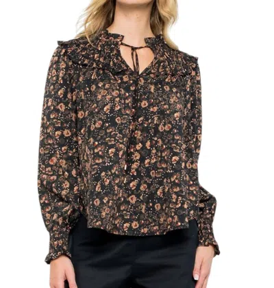 Thml Smocked Detail Long Sleeve Print Top In Black