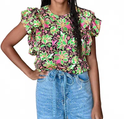 Thml Smocked Poplin Sleeve Floral Top In Green In Multi