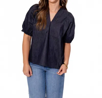 Thml Split Neck Suede Ruffle Denim Top In Navy In Black