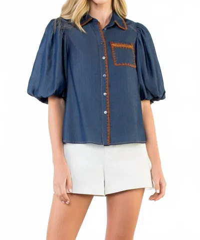 Thml Stitched In Style Puff Sleeve Denim Top In Blue
