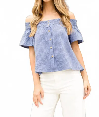 Thml Stripe Button Down Off Shoulder Top In Dusty Blue
