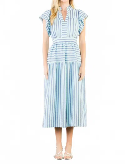 Thml Striped Flutter Sleeve Midi Dress In Purple And Green In Blue