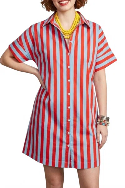Thml Striped Short Sleeve Button Up Dress In Blue And Red In White