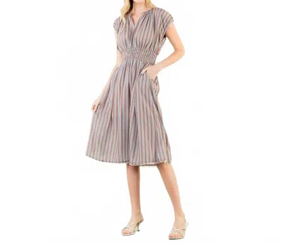 Thml Striped Smocked Waist Short Sleeve Dress In Brown In Gray