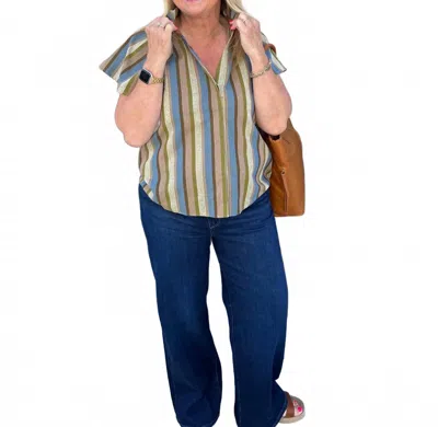 Thml Striped V-neck Top In Multi In Blue