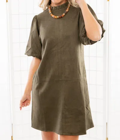 Thml Suede Puff Sleeve Dress In Olive Green