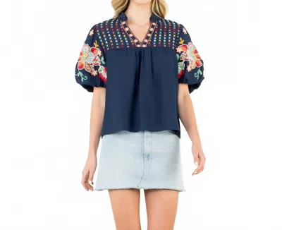 Thml Susanna Embroidered Puff Sleeve Top In Navy In Blue