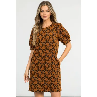 Thml Textured Dress With Puff Sleeves In Black In Brown