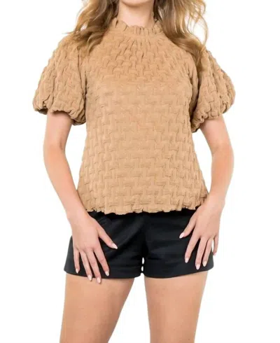 Thml Textured Short Puff Sleeve Top In Beige