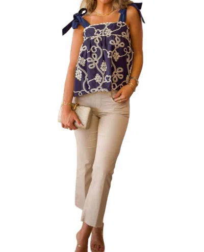 Thml Tie Strap Embroidered Top In Navy/white In Blue