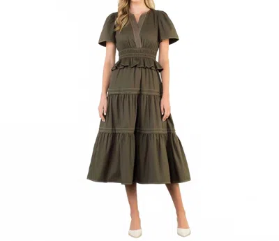 Thml Tiered Midi Dress In Olive In Green