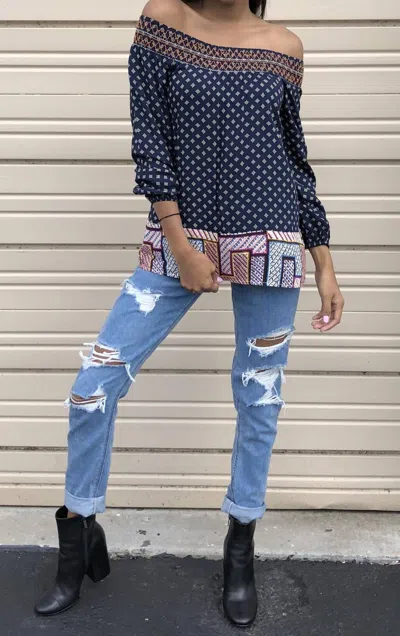 Thml Twin Print Off The Shoulder Top In Navy
