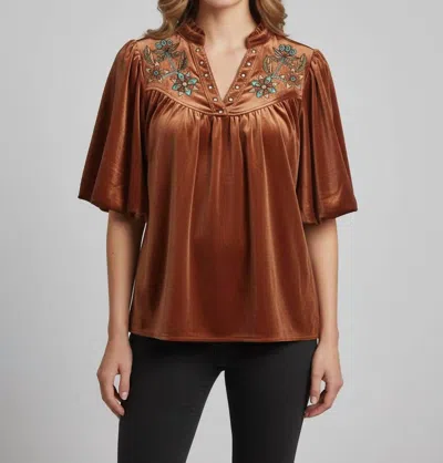 Thml Velvet Puff Sleeve Embroidered Top In Terracotta In Brown