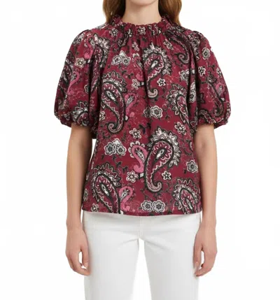 Thml Velvet Puff Sleeve Top In Wine Paisley In Multi