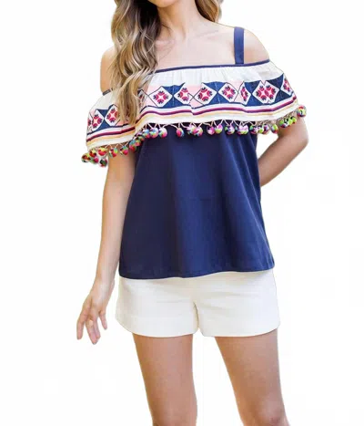 Thml Viva Mexico Embroidered Flounce Top In Navy In Blue