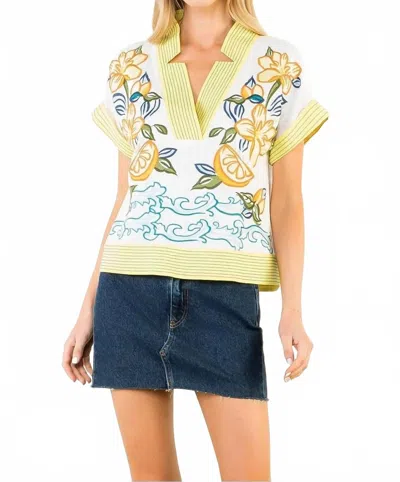 Thml V-neck Embroidered Top In Cream/lime In Yellow