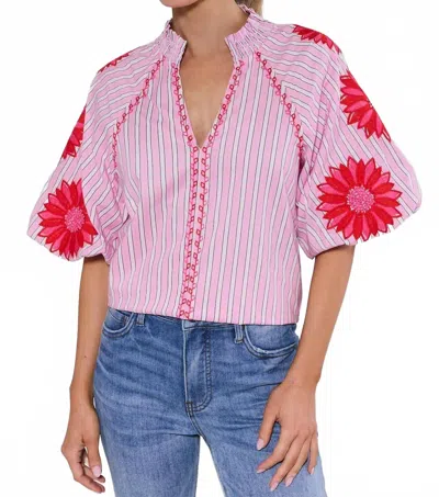 Thml V-neck Floral Puff Sleeve Top In Pink Striped In Multi