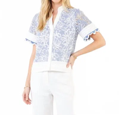 Thml V-neck Short Sleeve Ember Trim Blouse In Blue