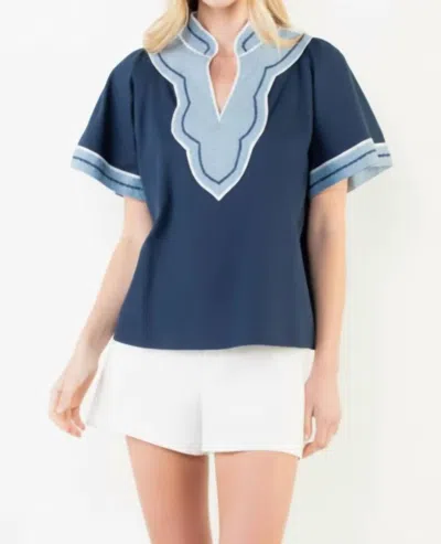 Thml Wide Sleeve Contrast Trim V-neck Top In Blue