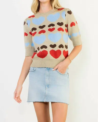 Thml With All My Heart Short Sleeve Heart Knit Top In Beige Multi In Sand